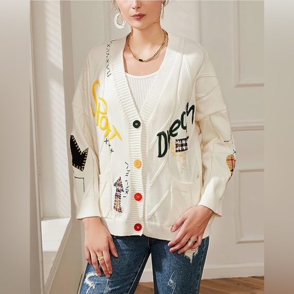 Ebossy Sweaters - Embroidered V Neck Cardigan Size S Artsy Chunky E Girl Teacher Schoolgirl Unique